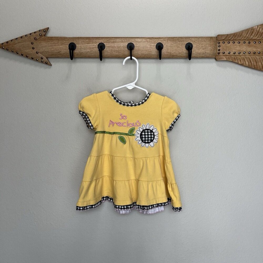 Wishes & Kisses | Yellow Flower So Precious Dress Plaid Trim Applique Baby Girl